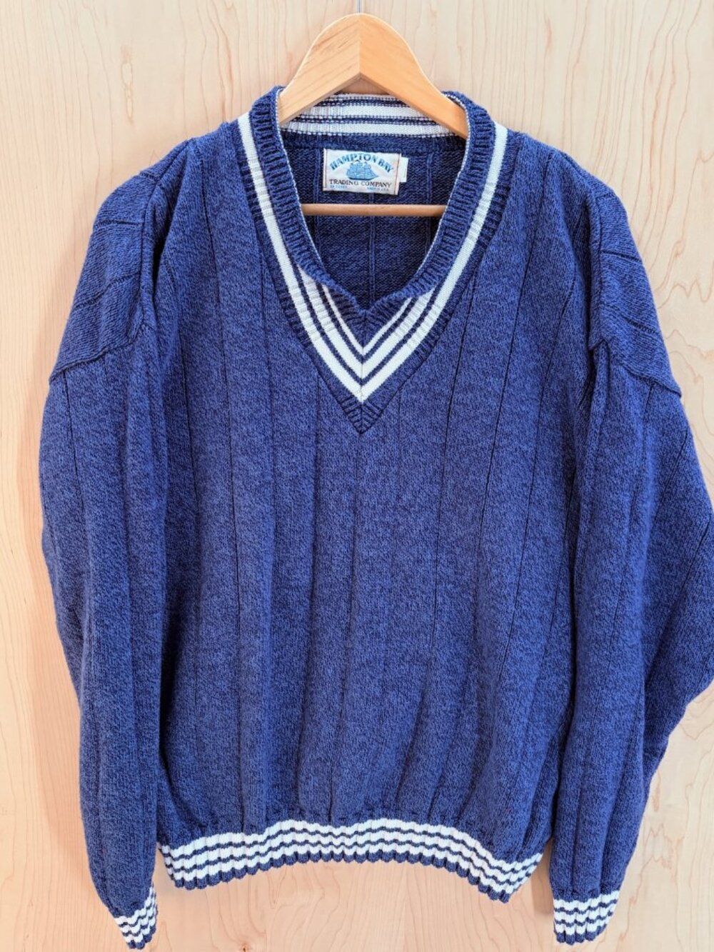 Hampton Bay Trading Company M Blue/White Stripe USA Cotton Cable V-Neck Sweater